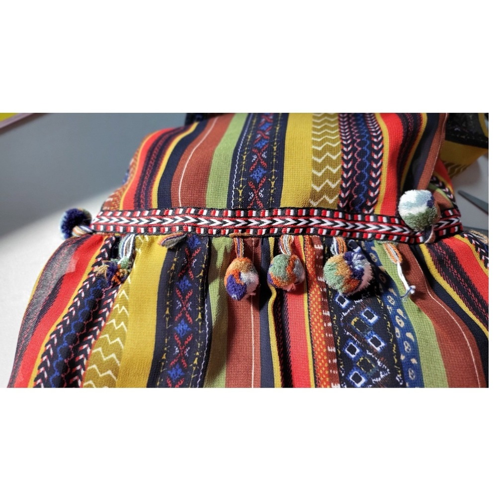 Chelsea & Theodore Boho Striped  Maxi Dress with Pom Poms Long Sleeve Bohemian - Picture 10 of 11